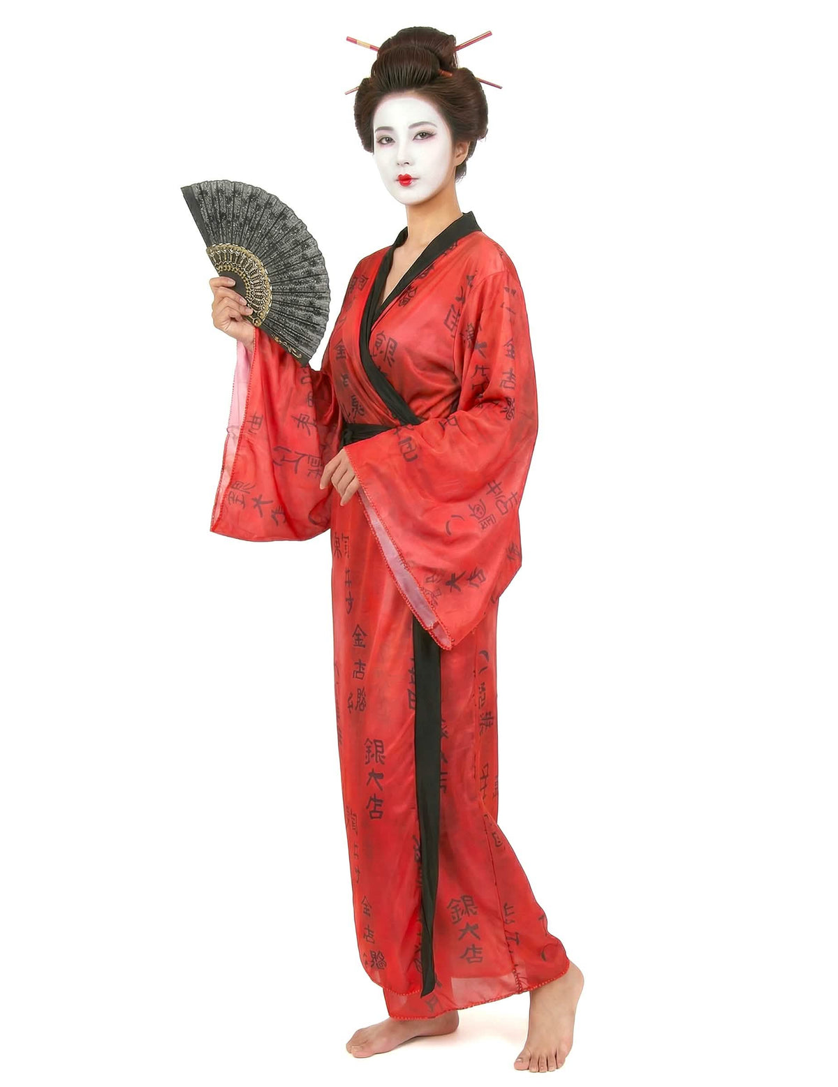 Déguisement de geisha pentru femeie kimono roșu cu motive caligrafice negre