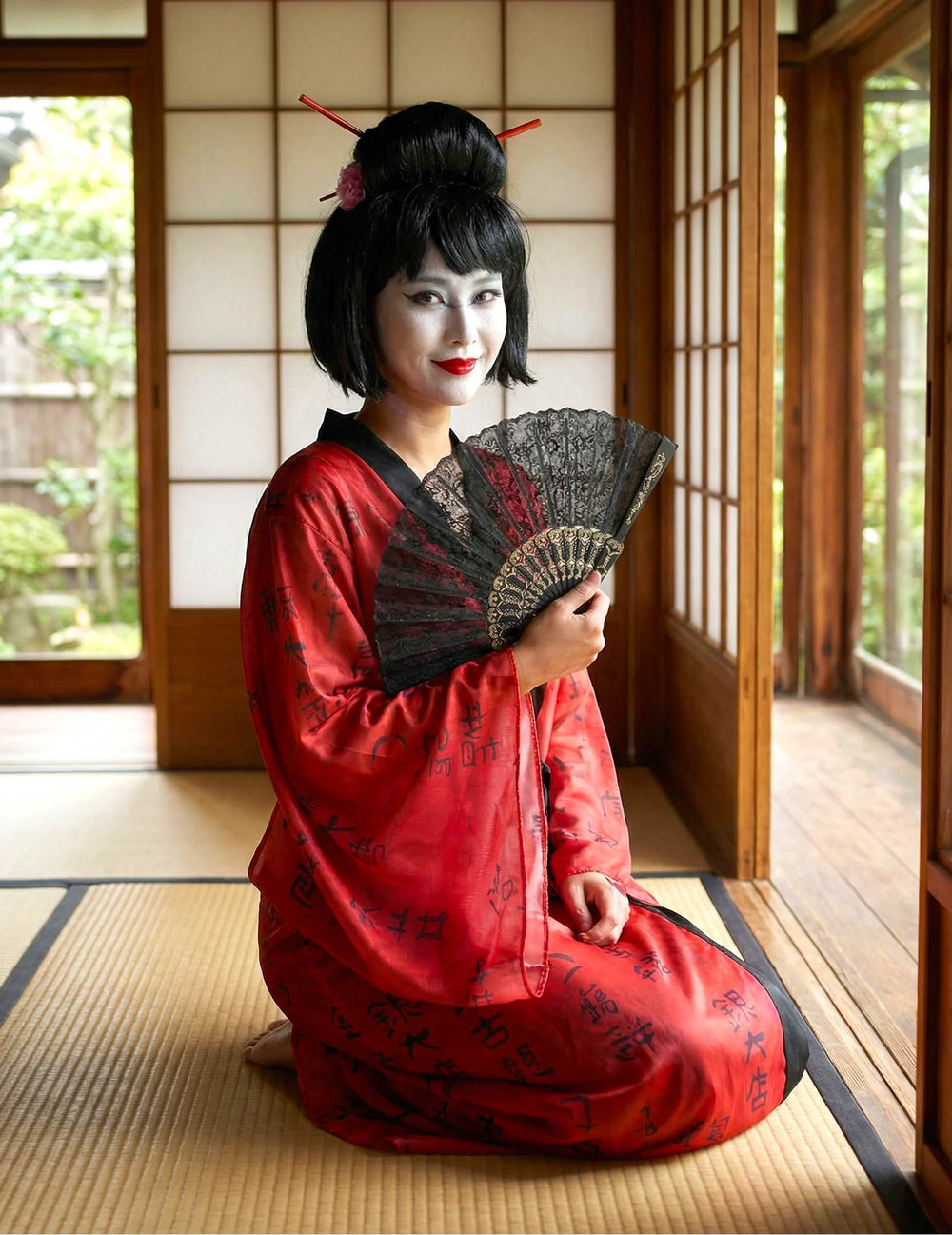 Vedere din față, îngenuncheată, a costumului kimono geisha