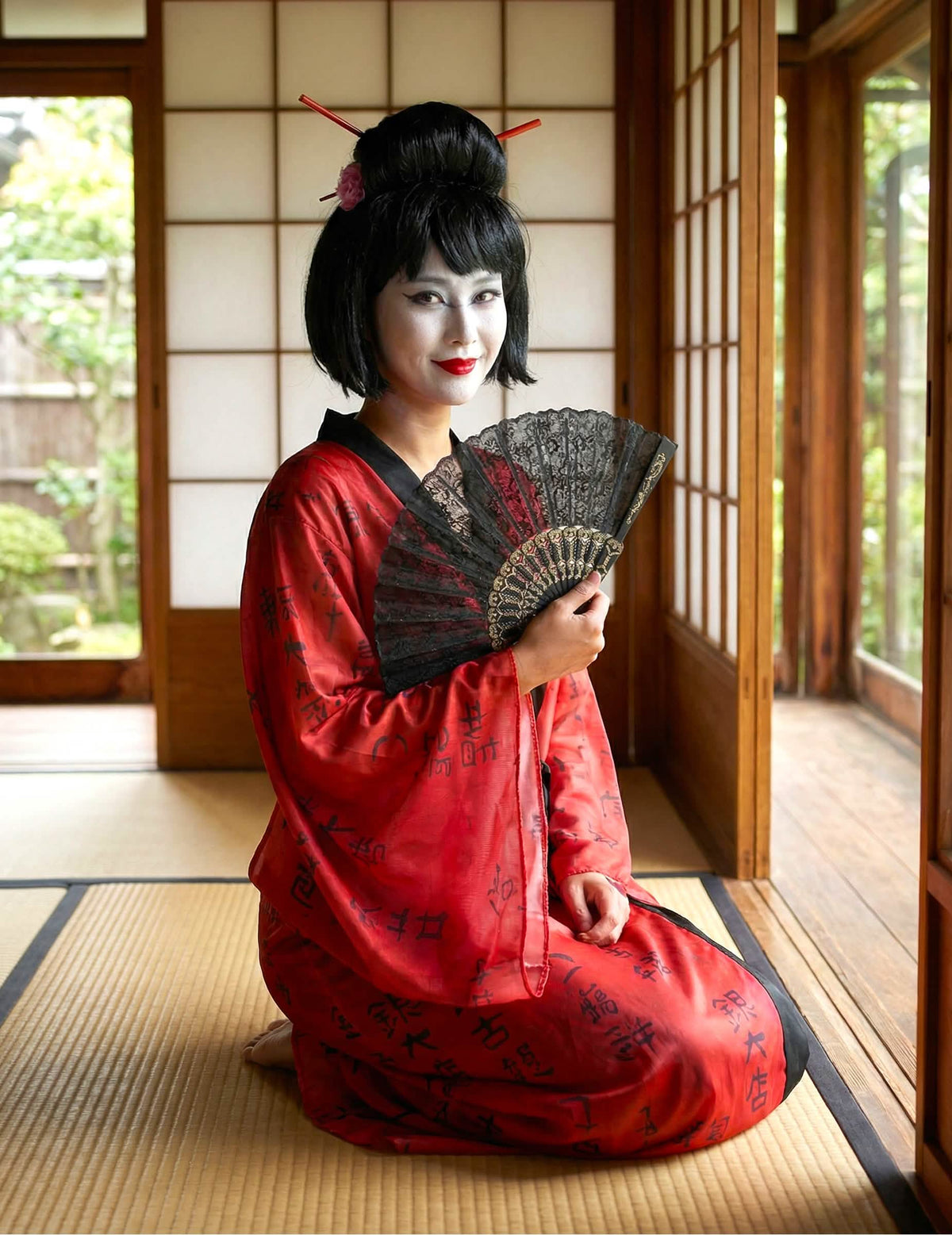 Vedere din față, îngenuncheată, a costumului kimono geisha