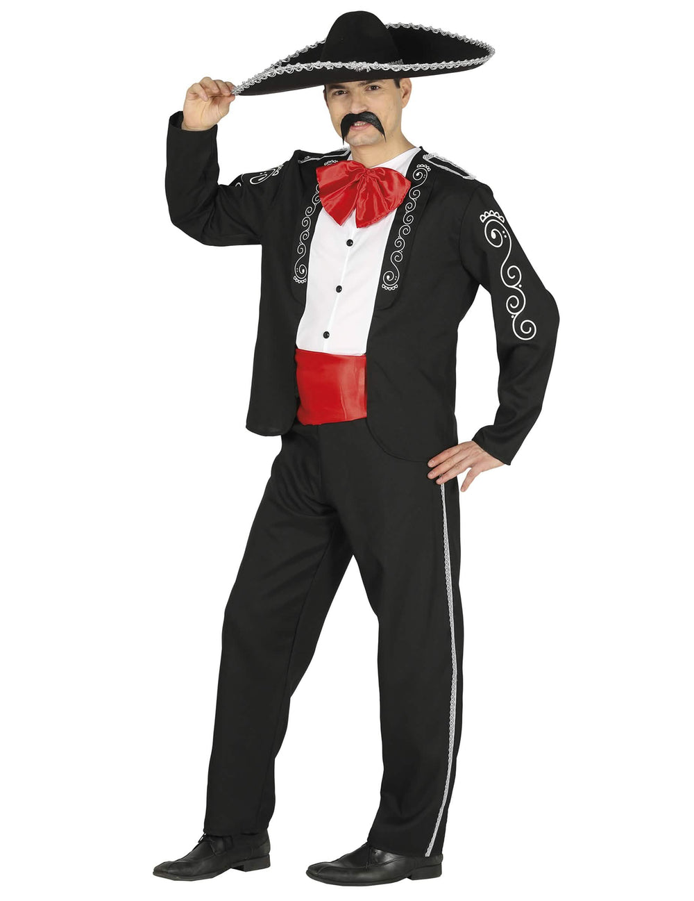 Costum de gentleman mexican pentru bărbat alb și negru cu detalii roșii și sombrero