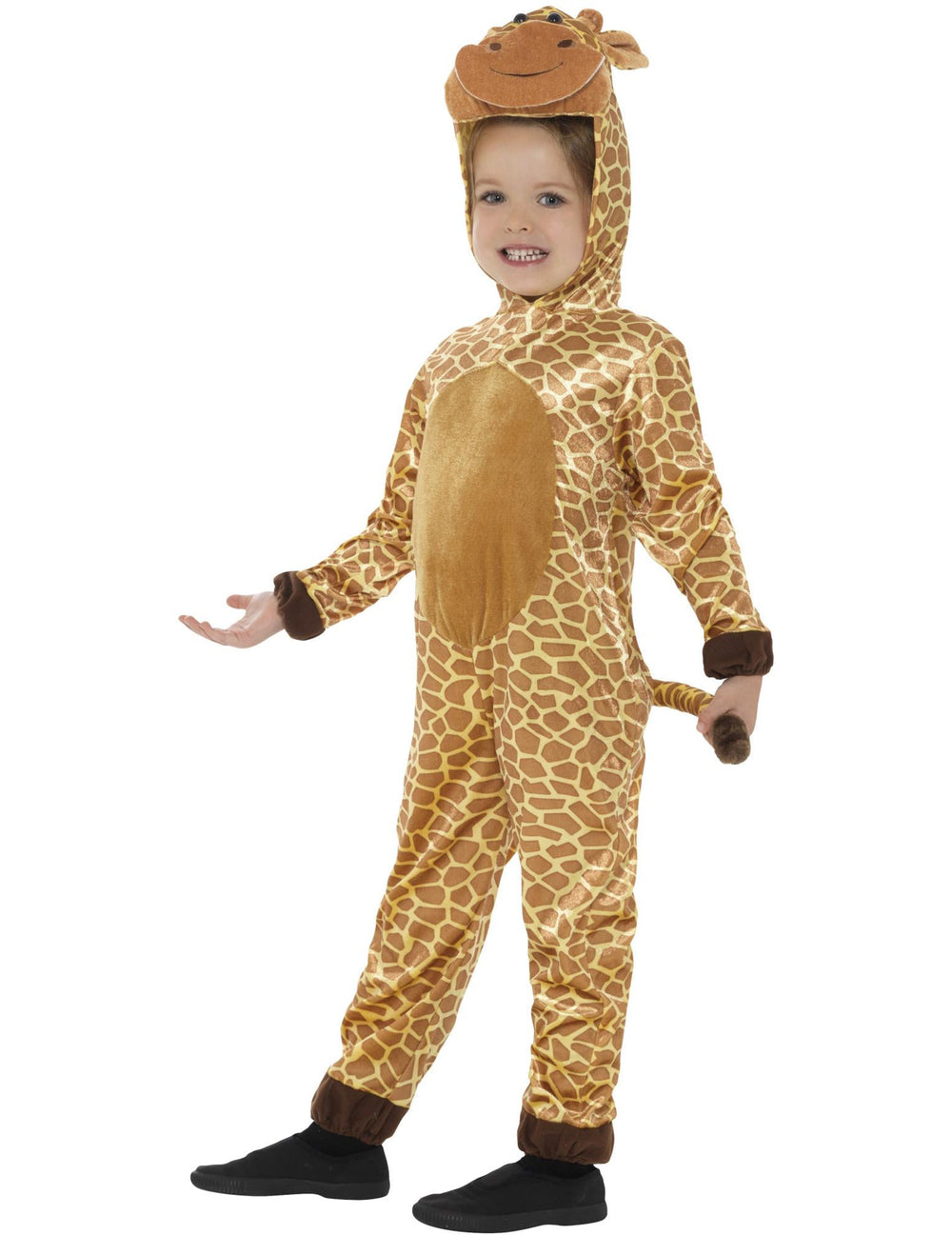 Vue de profil avec détail de la queue du déguisement girafe pour enfant