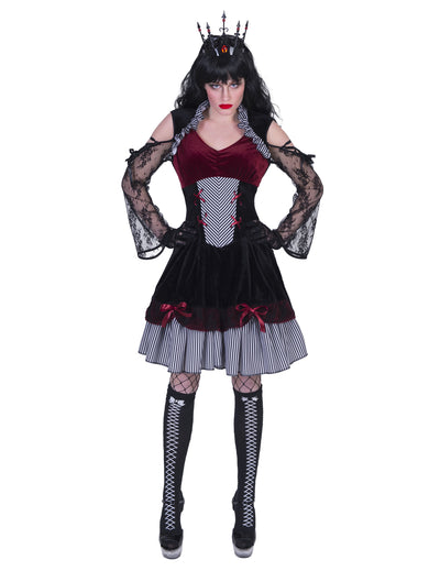 Costum lady gotic pentru femei, negru și bordo, cu dungi, dantelă și coroniță