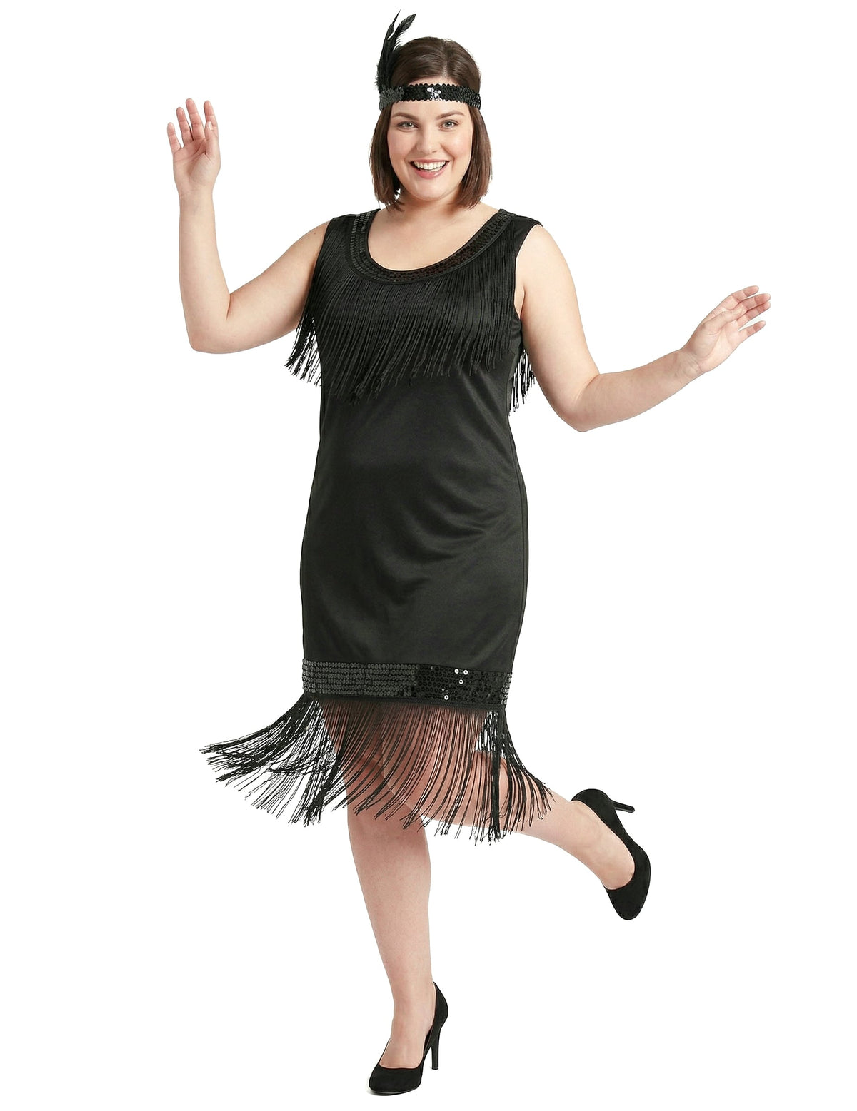 Déguisement robe Charleston pour femme noire avec franges et bandeau