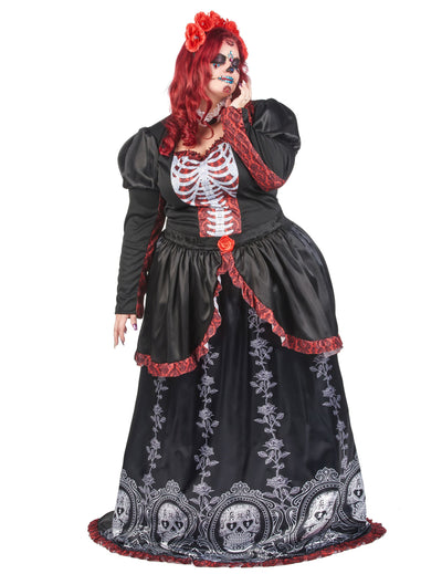 Déguisement grande taille robe longue Dia de los muertos pour femme noir et rouge avec motifs squelettes