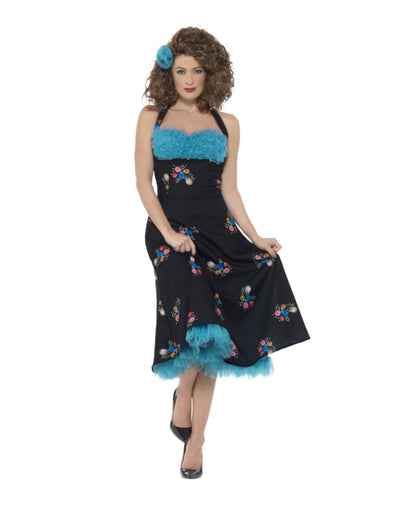 Costum Grease Cha Cha Di Gregorio pentru femei, negru și albastru turcoaz, cu flori