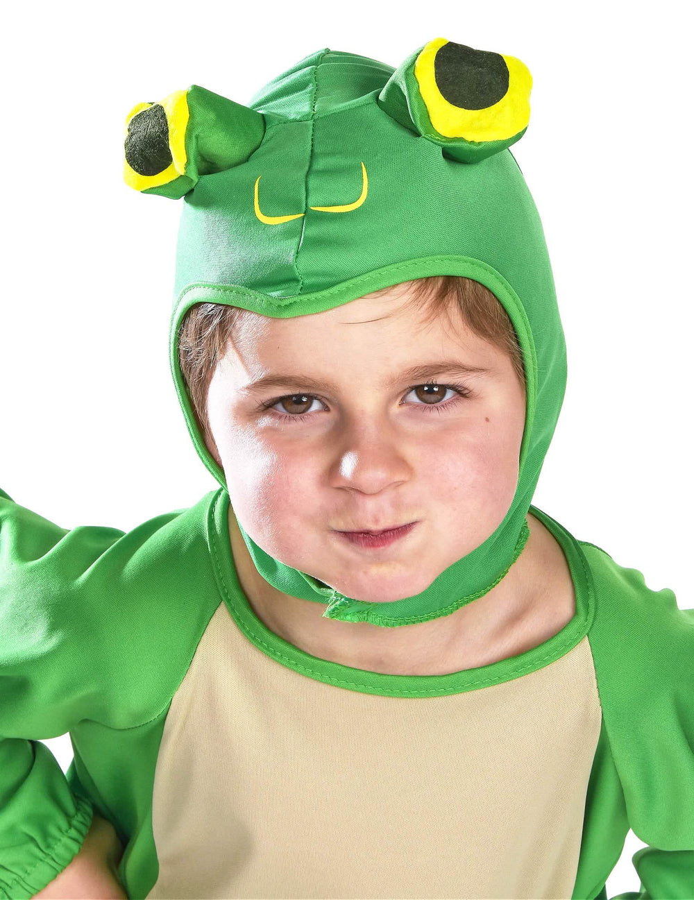 Costum broască pentru copil verde și bej cu glugă și ochi mari