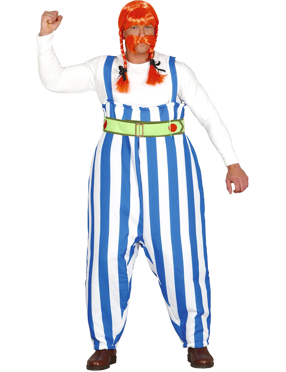Déguisement de gros gaulois pour homme rayé bleu et blanc avec ceinture verte