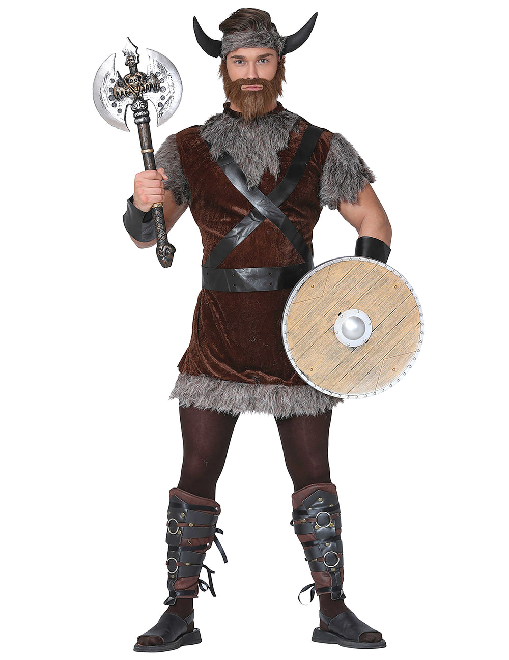 Déguisement guerrier viking pour adulte marron et gris avec fourrure et casque à cornes