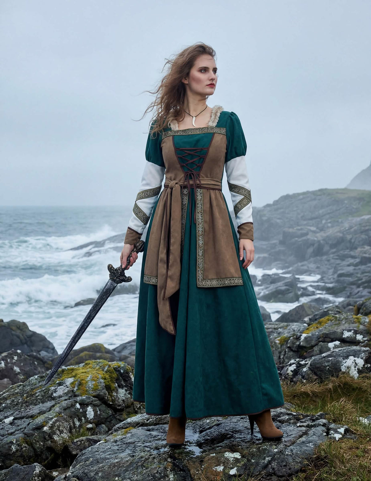 Costum de războinică vikingă lux pentru femeie verde și maro
