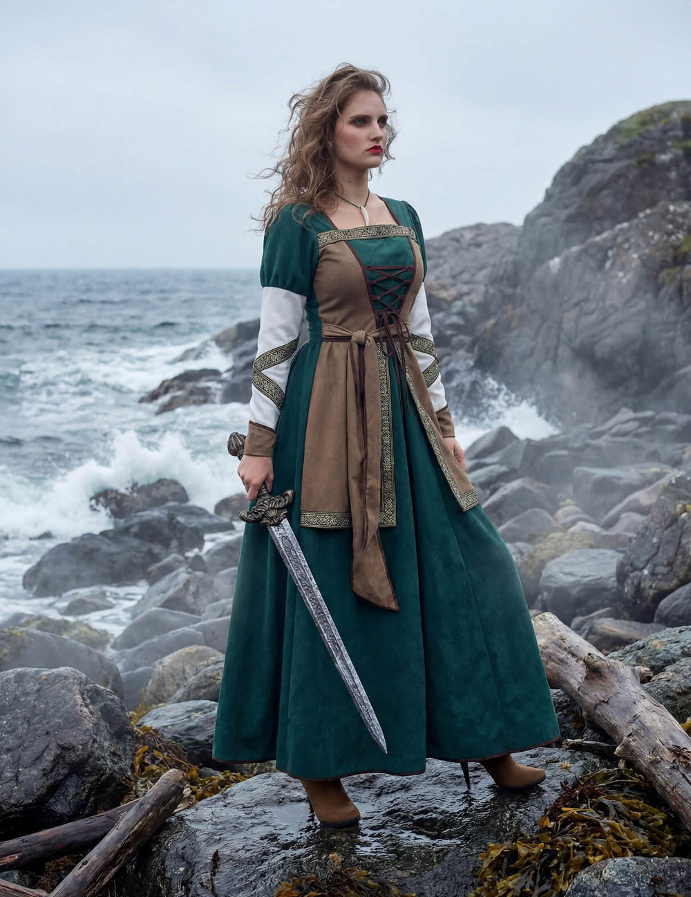 Privire de ansamblu cu sabie a costumului războinică viking lux