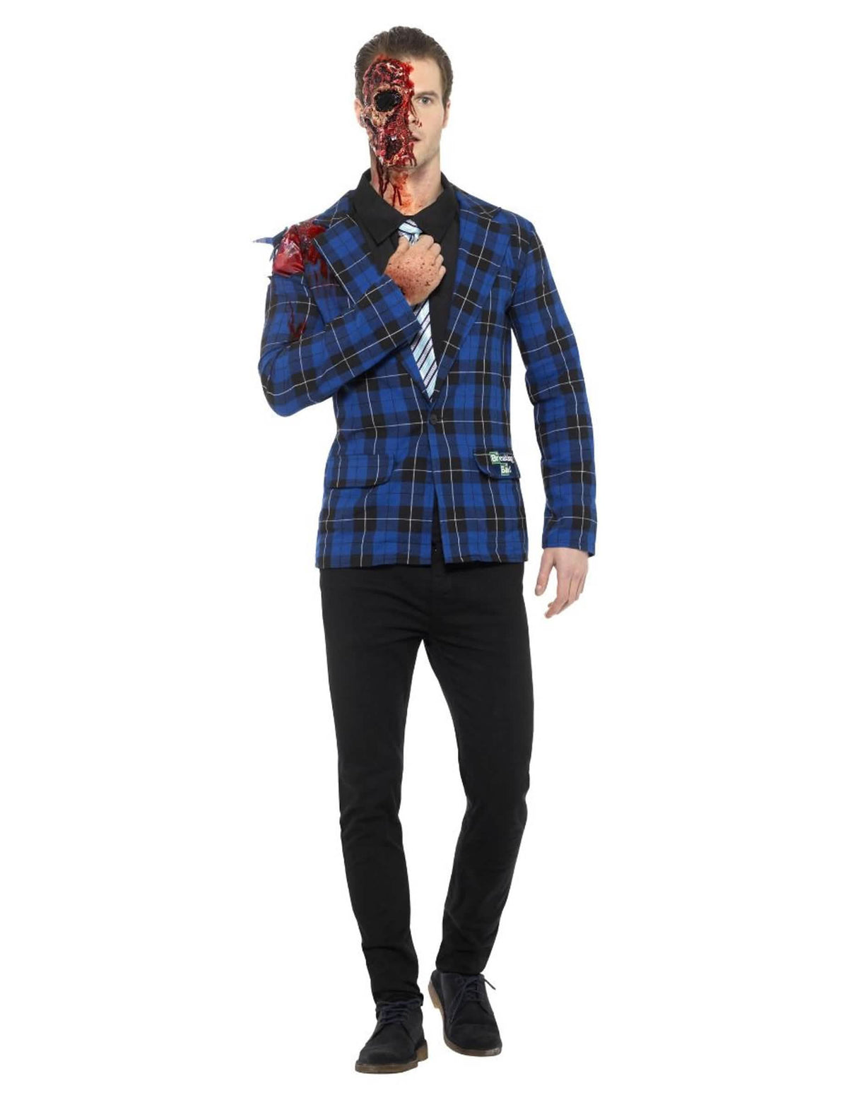 Costume de Gustavo Breaking Bad™ pentru bărbat albastru în carouri cu machiaj de față arsă