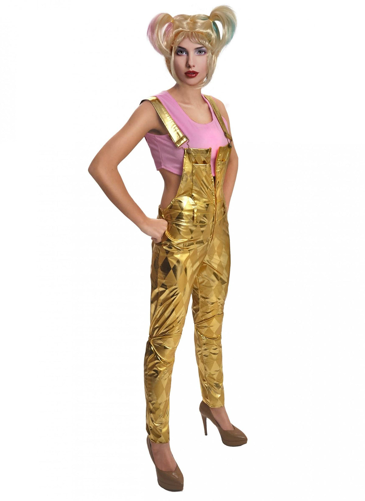 Costum cu perucă Harley Quinn Birds of Prey pentru femeie salopete aurii