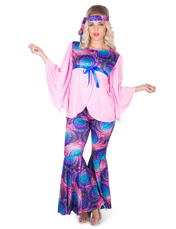 Déguisement hippie bohème pour femme rose et multicolore à motifs psychédéliques avec bandeau
