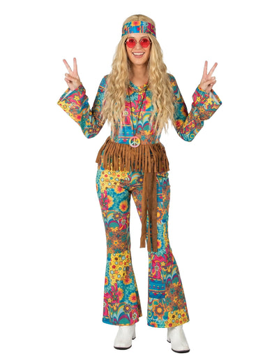 Déguisement hippie col V pour femme multicolore à motifs fleurs et franges marron
