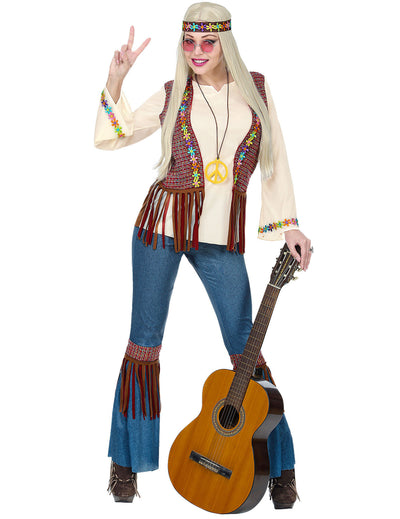 Costum hippie peace pentru femei, cu vestă cu franjuri și motive florale