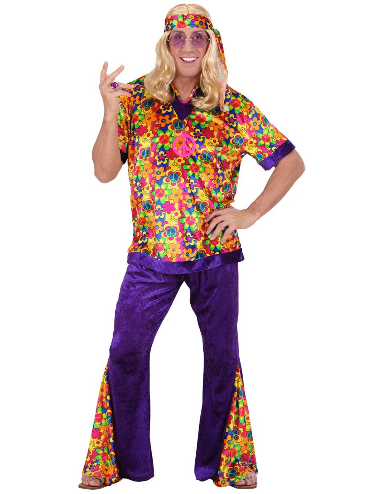 Déguisement hippie effet velours pour homme violet et multicolore à fleurs