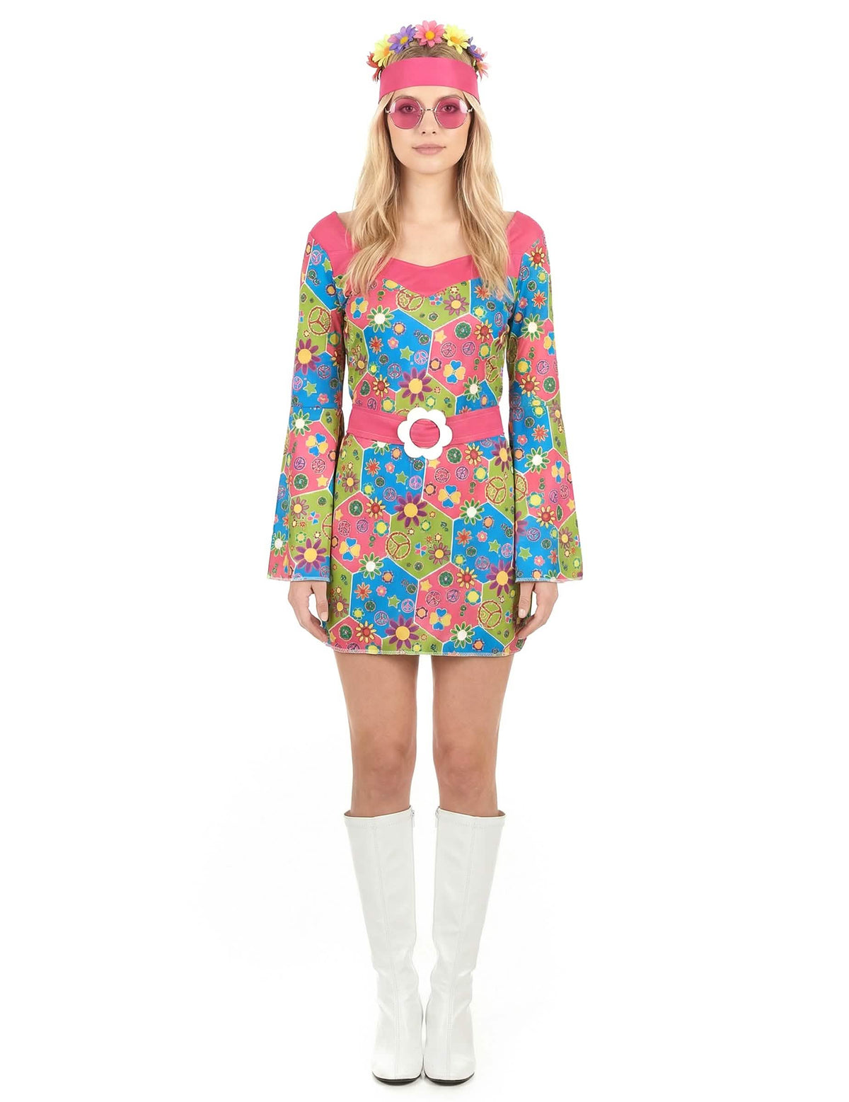 Vue d'ensemble de face du déguisement hippie à fleurs