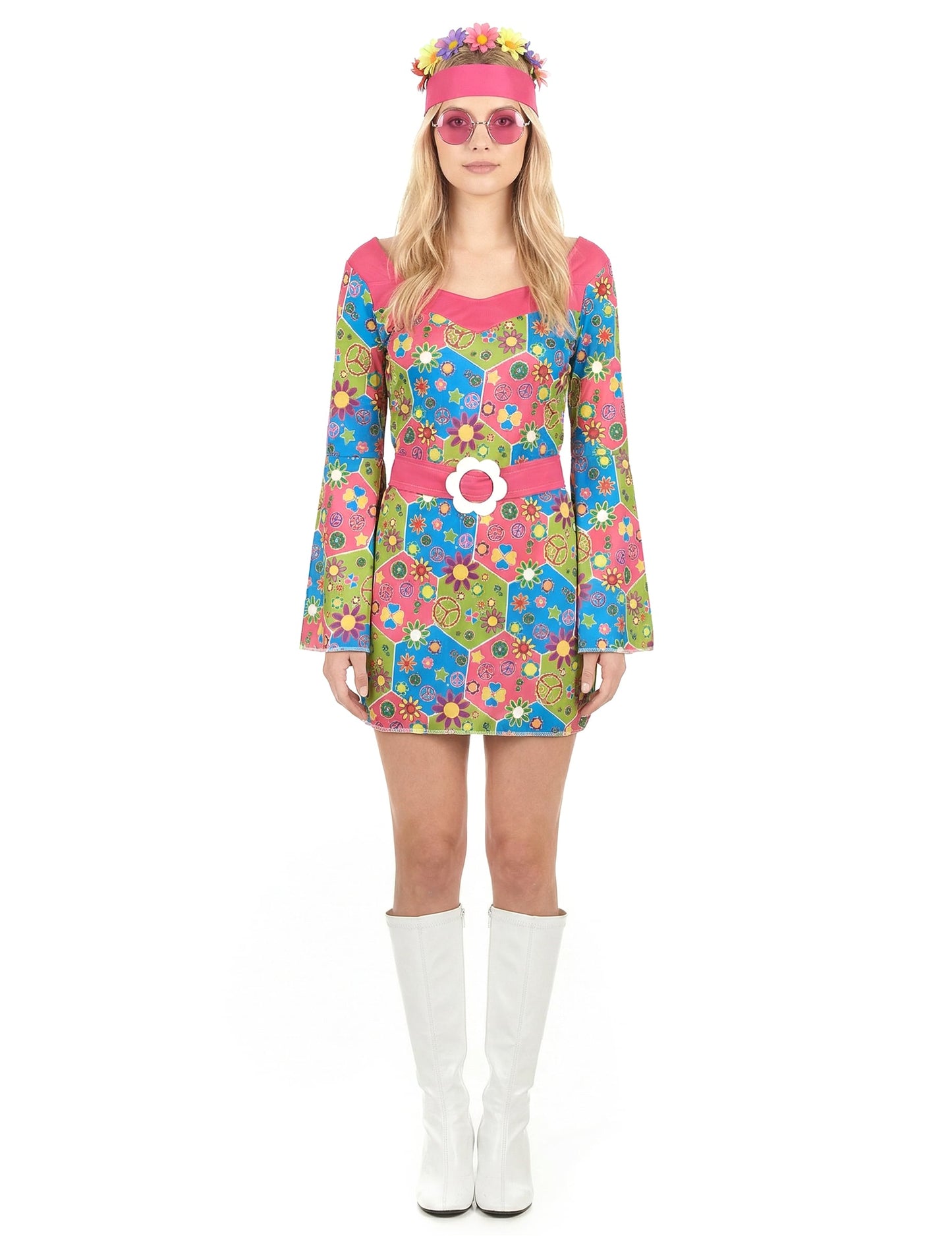 Vue d'ensemble de face du déguisement hippie à fleurs