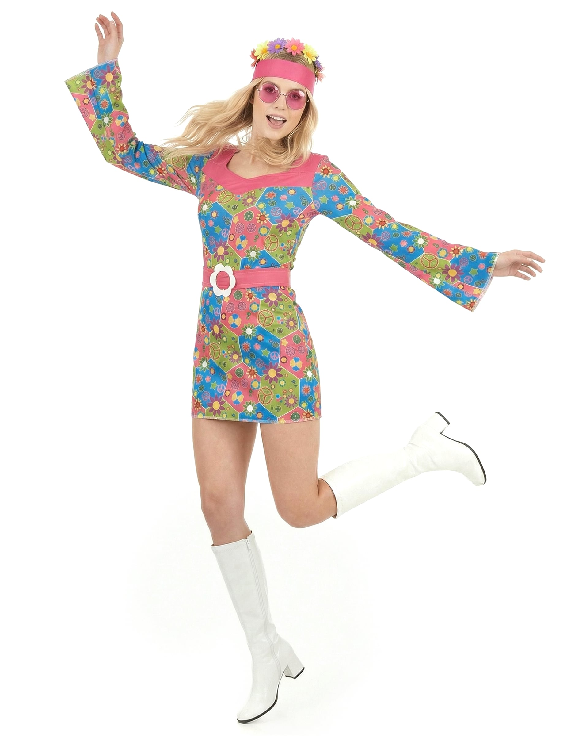 Vue d'ensemble en mouvement du déguisement hippie à fleurs