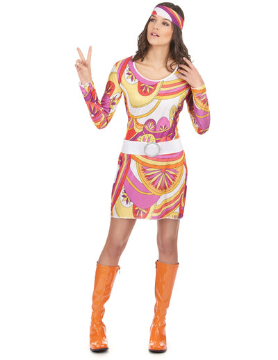 Costum hippie pentru femei roz și portocalie cu bentiță și motive psihadelice