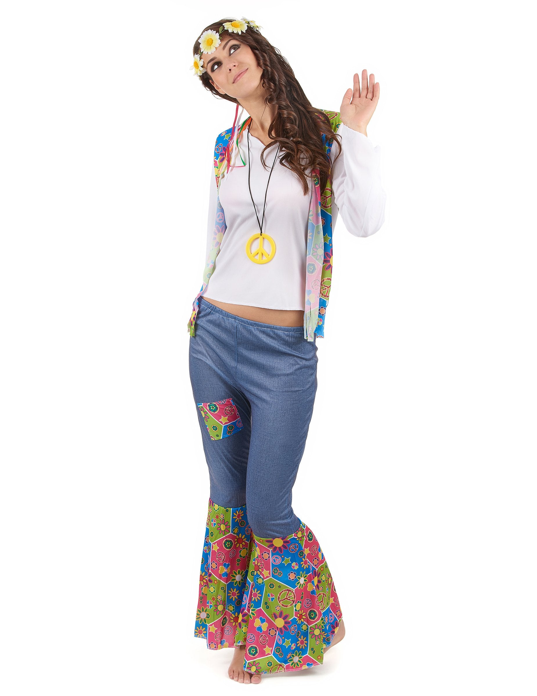 Costum hippie peace and love pentru femei, multicolor, cu pantaloni evazați și flori