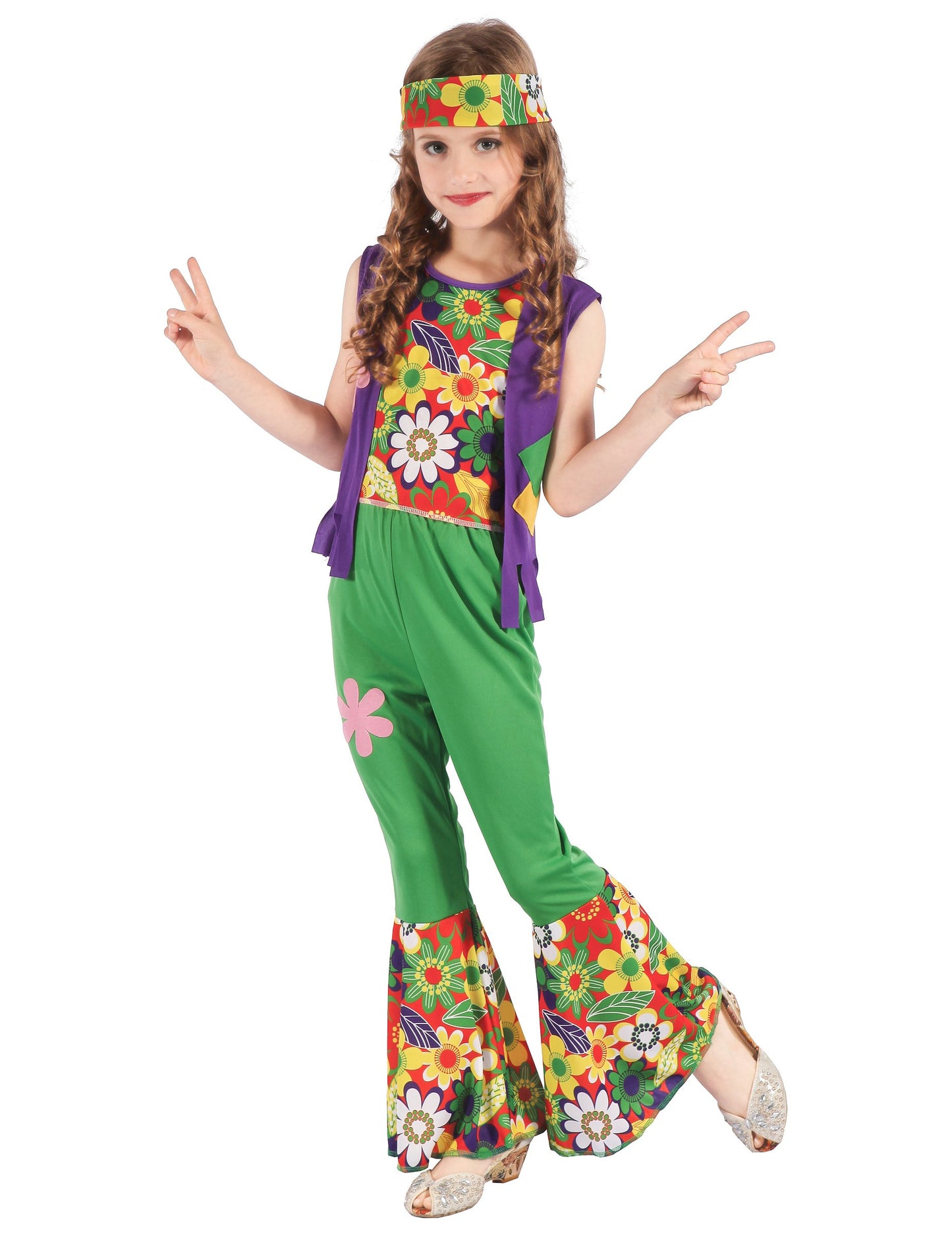Déguisement hippie flower power pour fille vert avec motifs à fleurs et bandeau