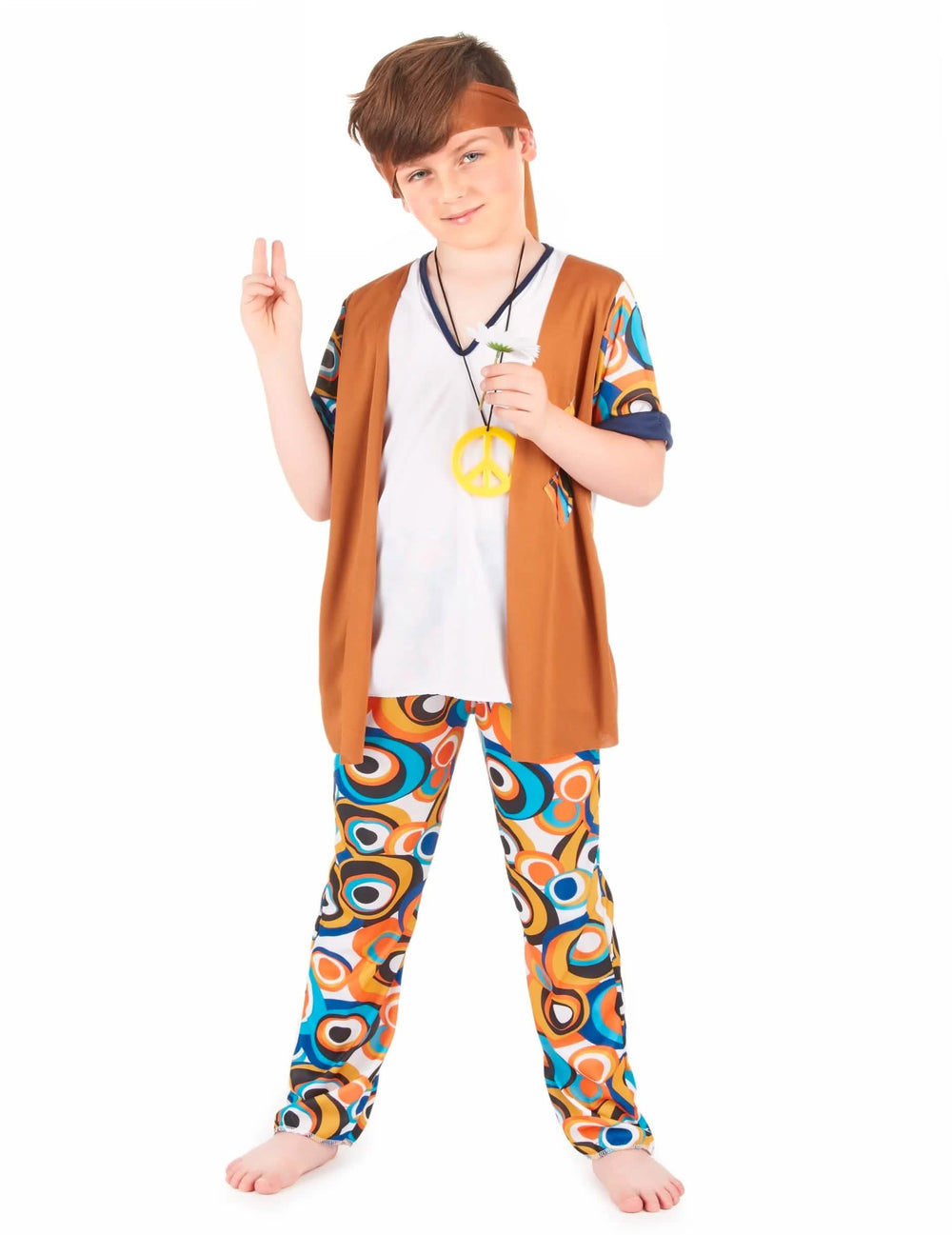 Costum hippie pentru băiat maro cu vestă și pantaloni psihedelici