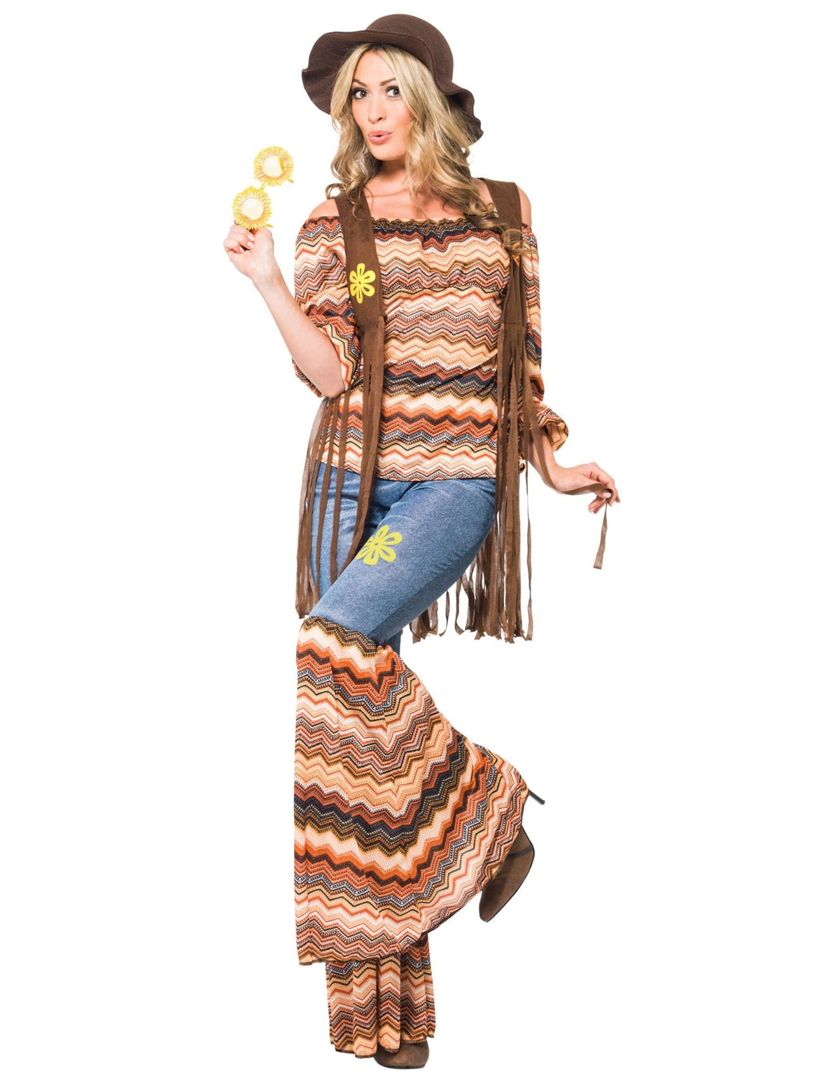 Vue d'ensemble avec chapeau et lunettes du déguisement hippie harmonie pour femme
