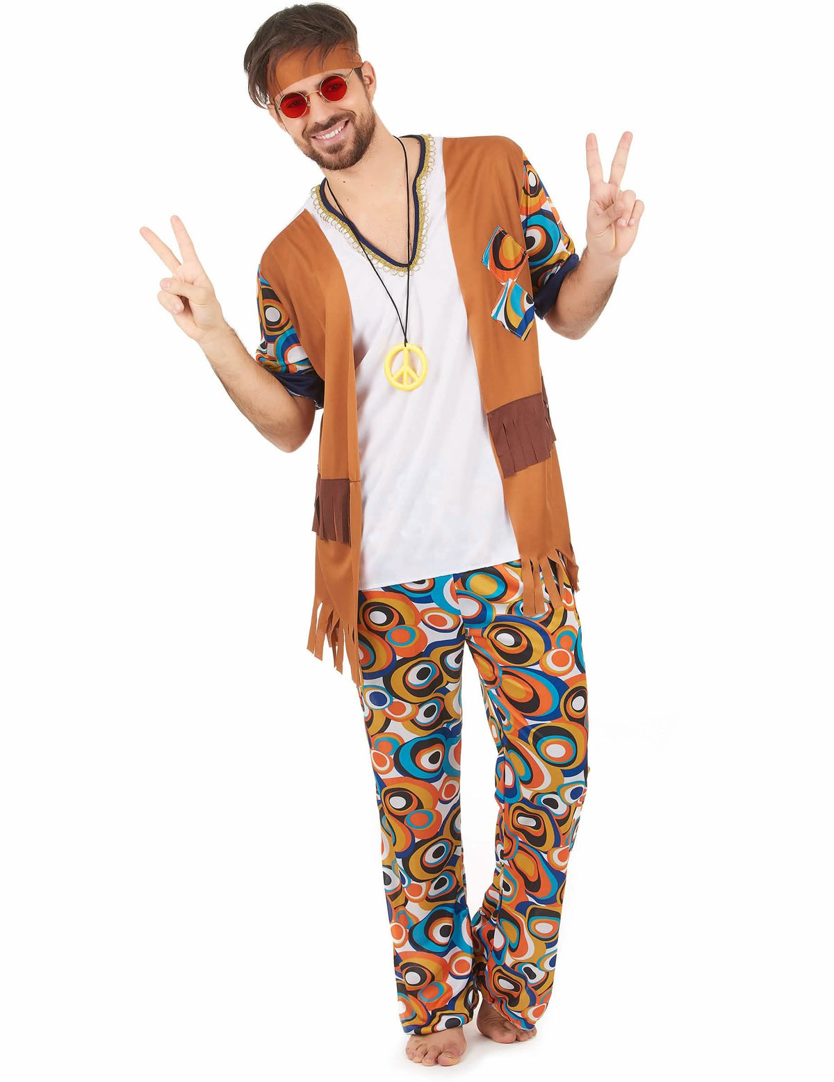 Costum hippie cu motive rotunde pentru bărbat maro și alb cu vestă cu franjuri