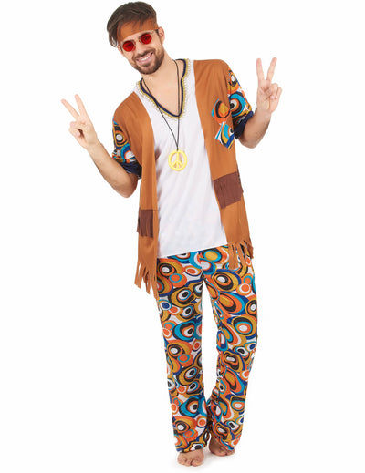 Déguisement hippie motifs ronds pour homme marron et blanc avec gilet à franges