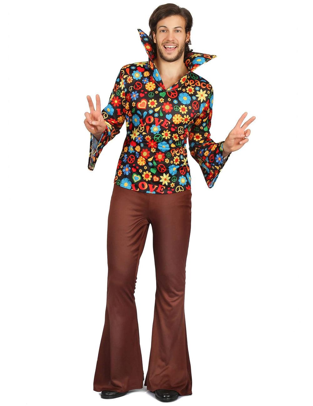 Costum hippie pentru bărbat cu flori multicolore și pantaloni maro