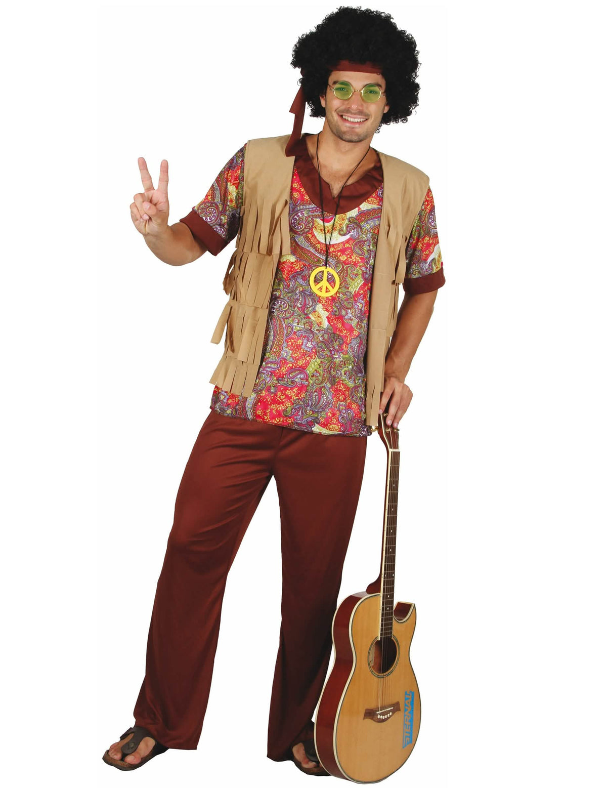 Costume hippie pentru bărbat cu model roșu și vestă cu franjuri