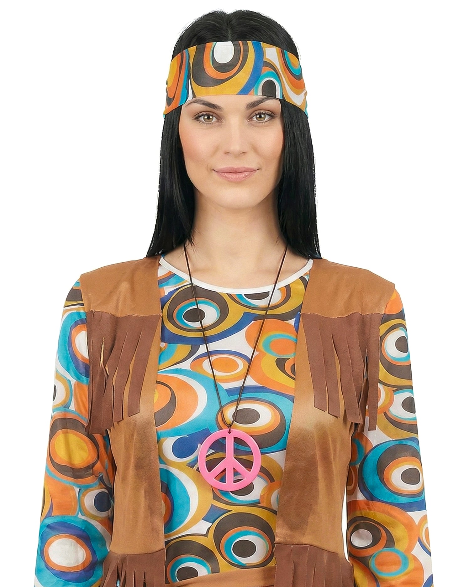 Gros plan sur les accessoires du déguisement hippie motifs ronds