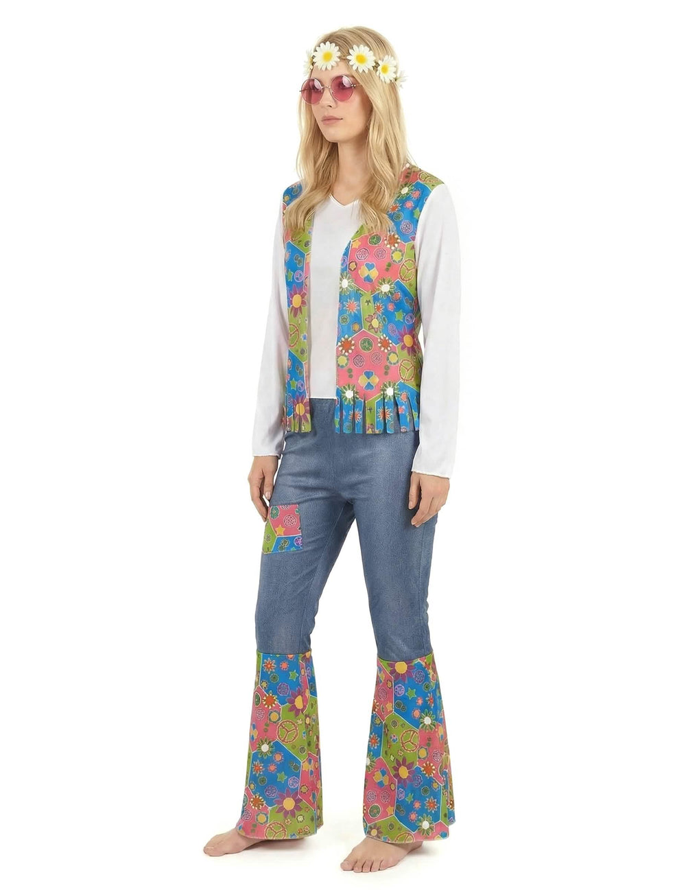 Costum hippie peace and love pentru femeie albastru și roz cu motive flori și vestă cu franjuri