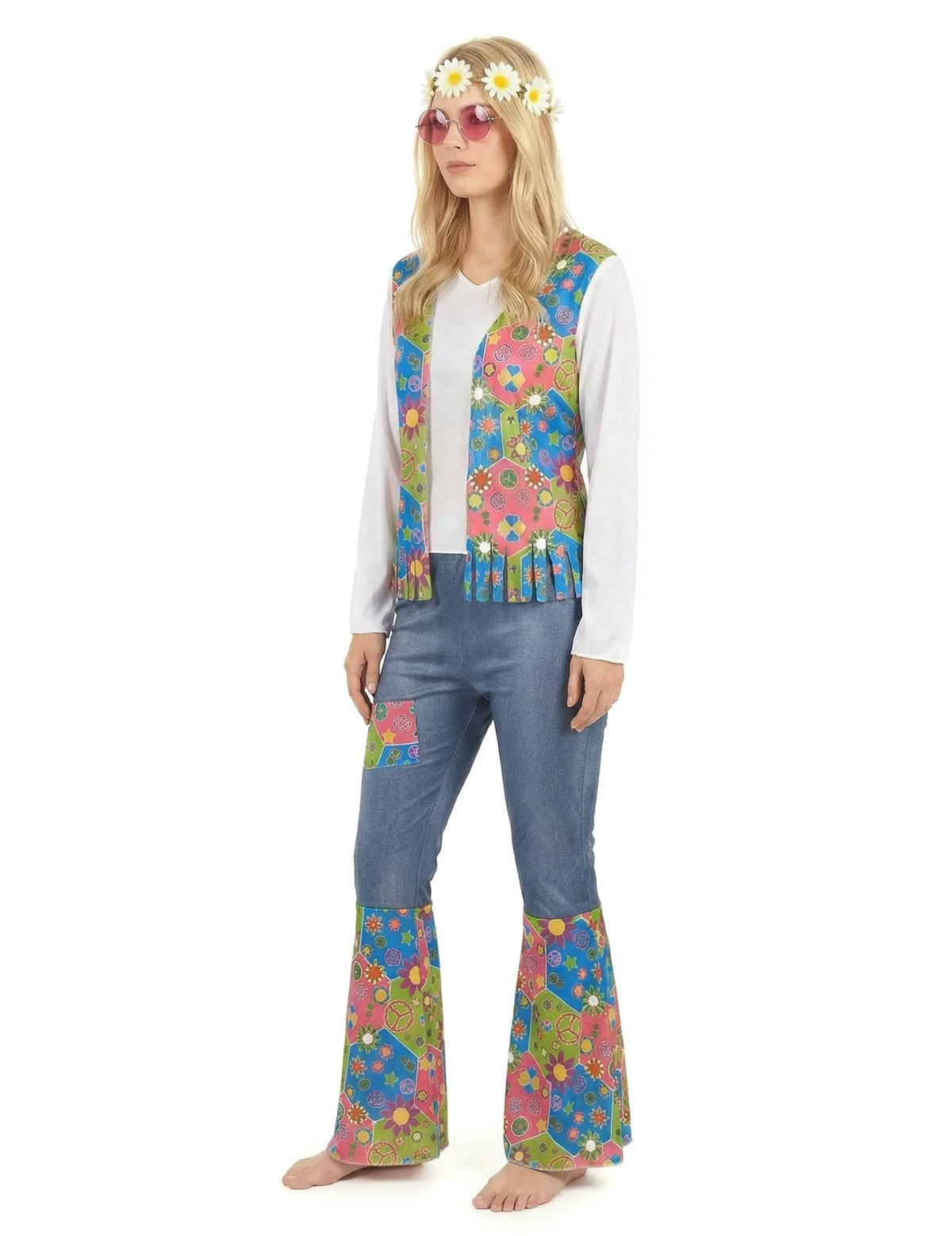 Costum hippie peace and love pentru femeie albastru și roz cu motive flori și vestă cu franjuri