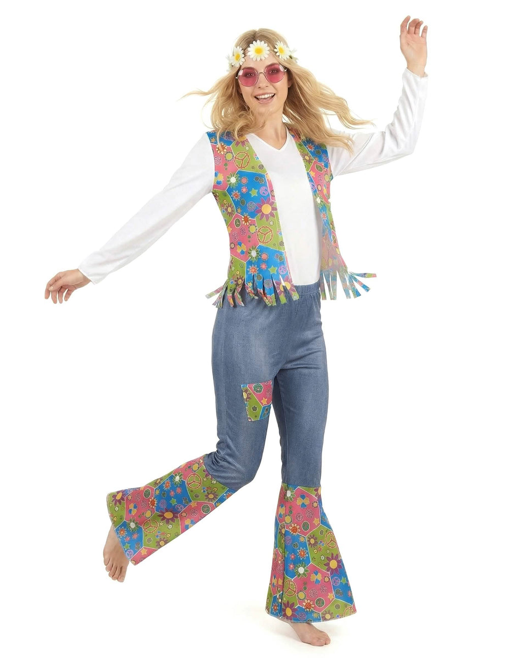 Vedere din față a costumului hippie peace and love pentru femeie
