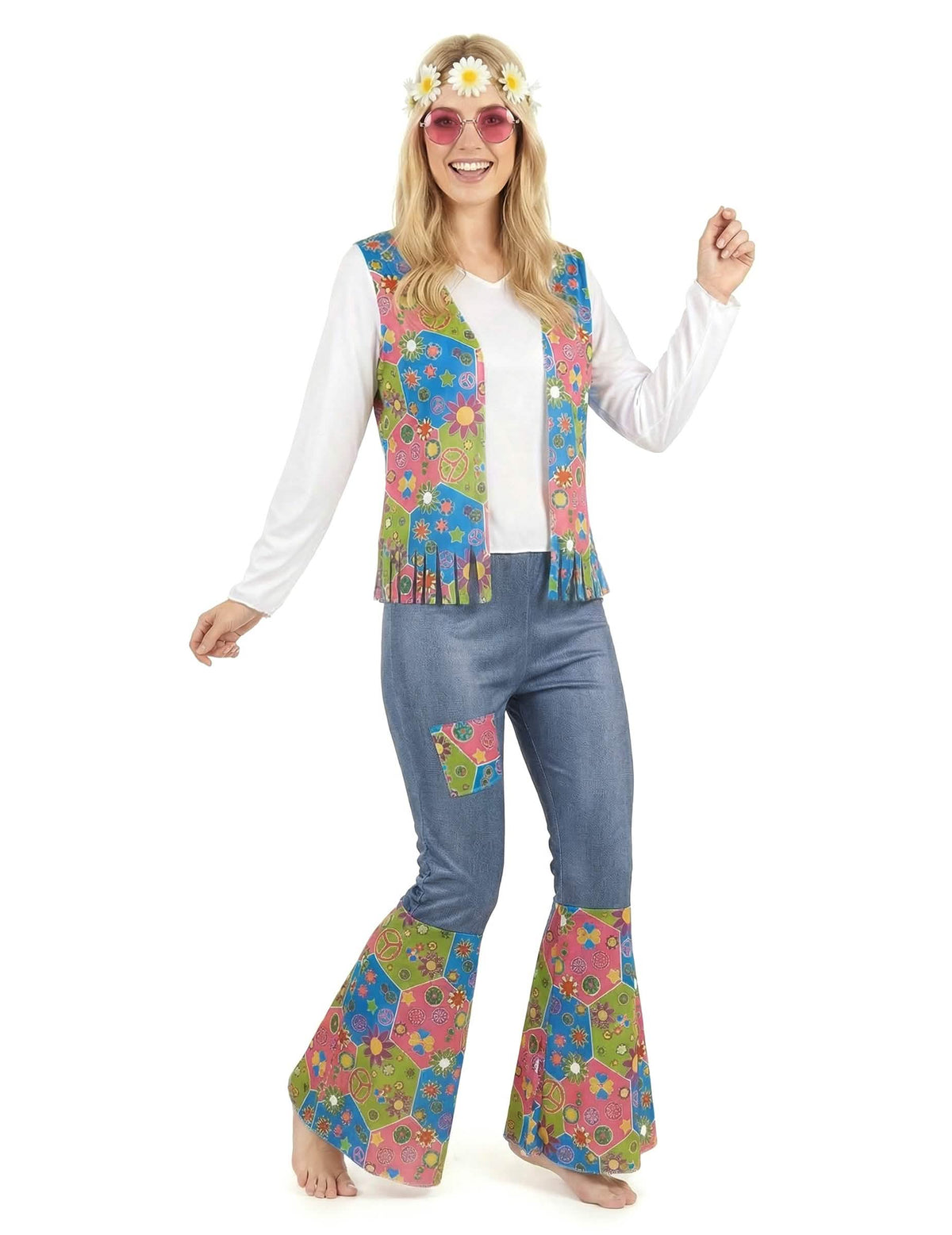 Vedere din față a costumului hippie peace and love pentru femeie