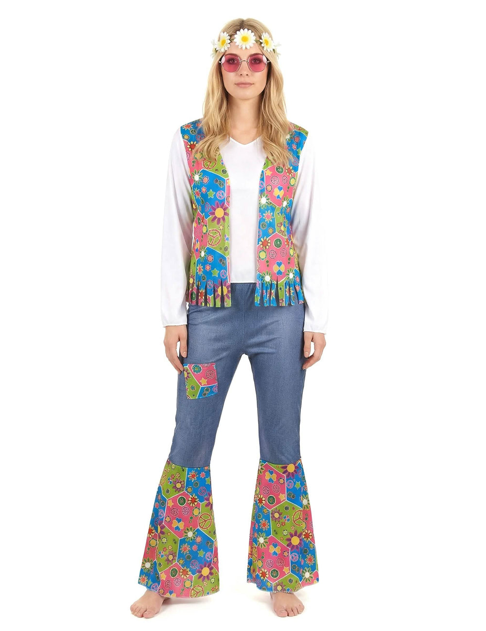 Vedere în picioare a costumului hippie peace and love pentru femeie