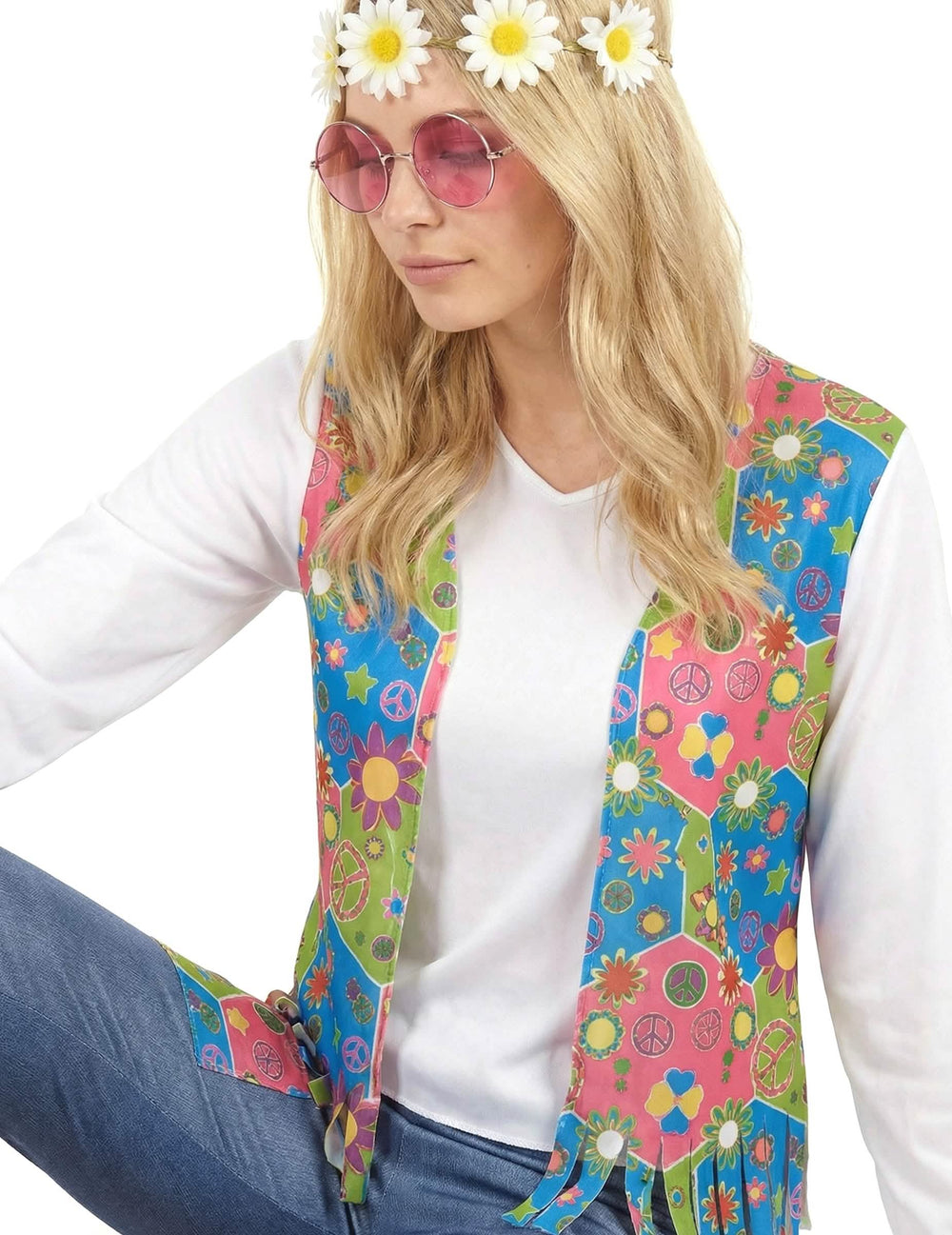 Detaliu al vestei cu franjuri și al accesoriilor costumului hippie peace and love pentru femeie