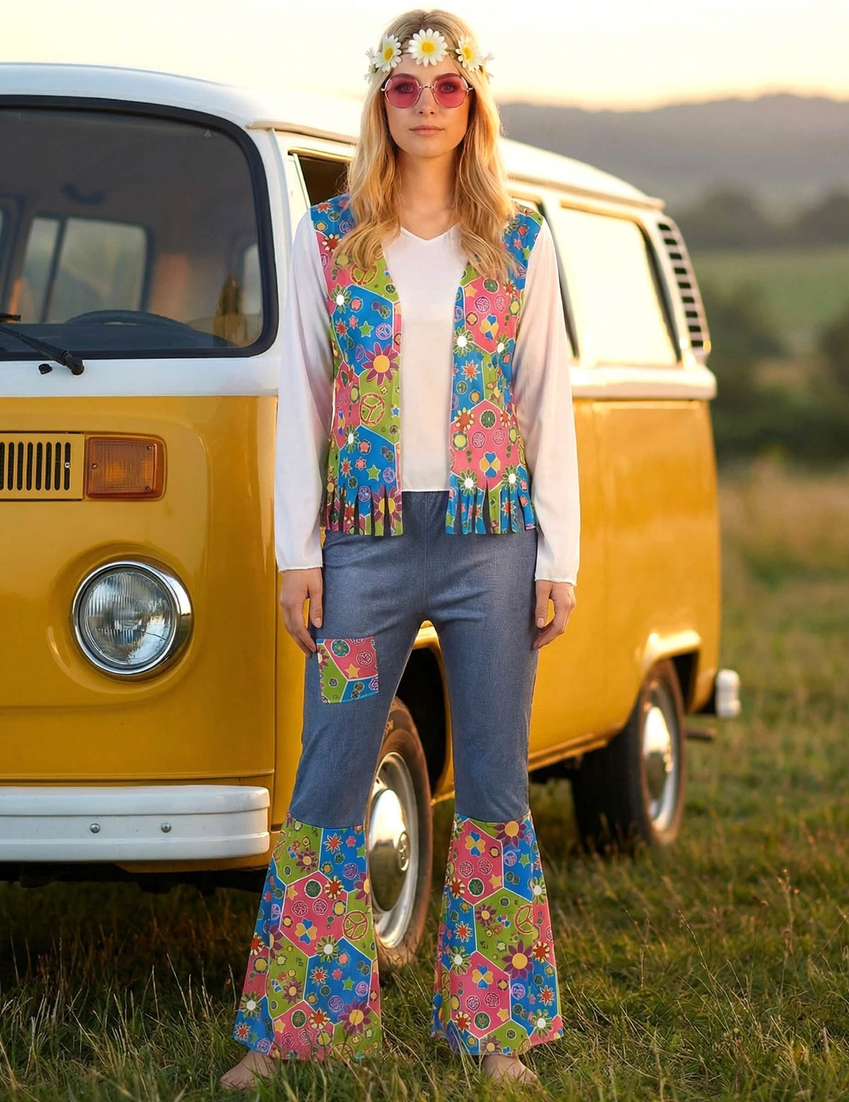 Punere în scenă a costumului hippie peace and love pentru femeie în fața unei furgonete galben