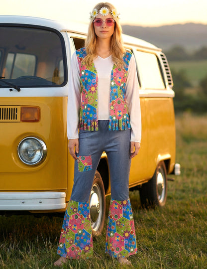 Mise en situation du déguisement hippie peace and love pour femme devant un van jaune