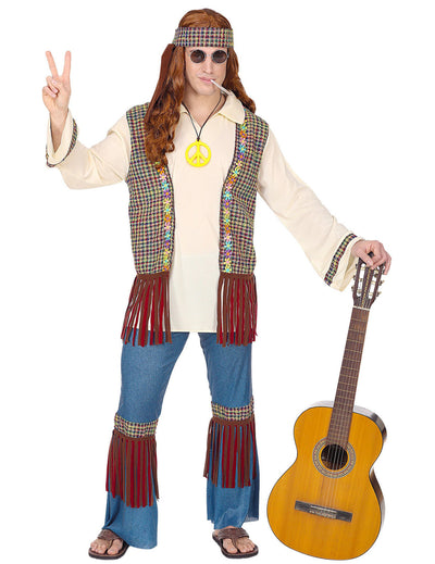 Costum hippie peace pentru bărbați, bej și maro, cu franjuri