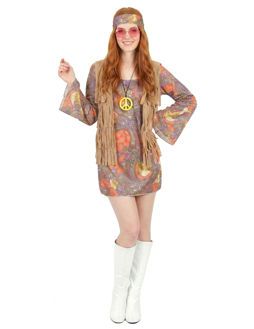 Déguisement hippie pour femme rouge et violet avec gilet à franges