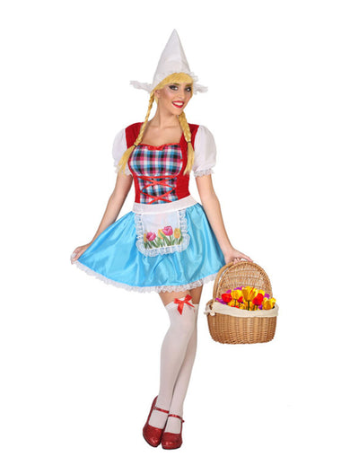 Déguisement Hollandaise pour femme bleu et rouge avec tablier à fleurs et coiffe blanche