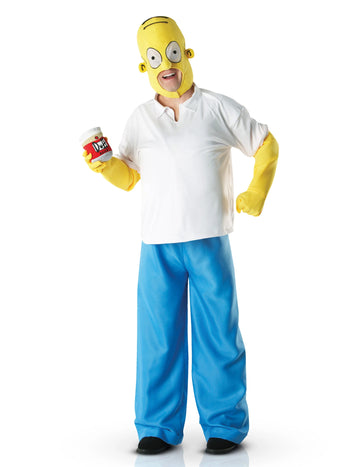 Costum Homer Simpson pentru adult alb, albastru și galben cu dozator de bere
