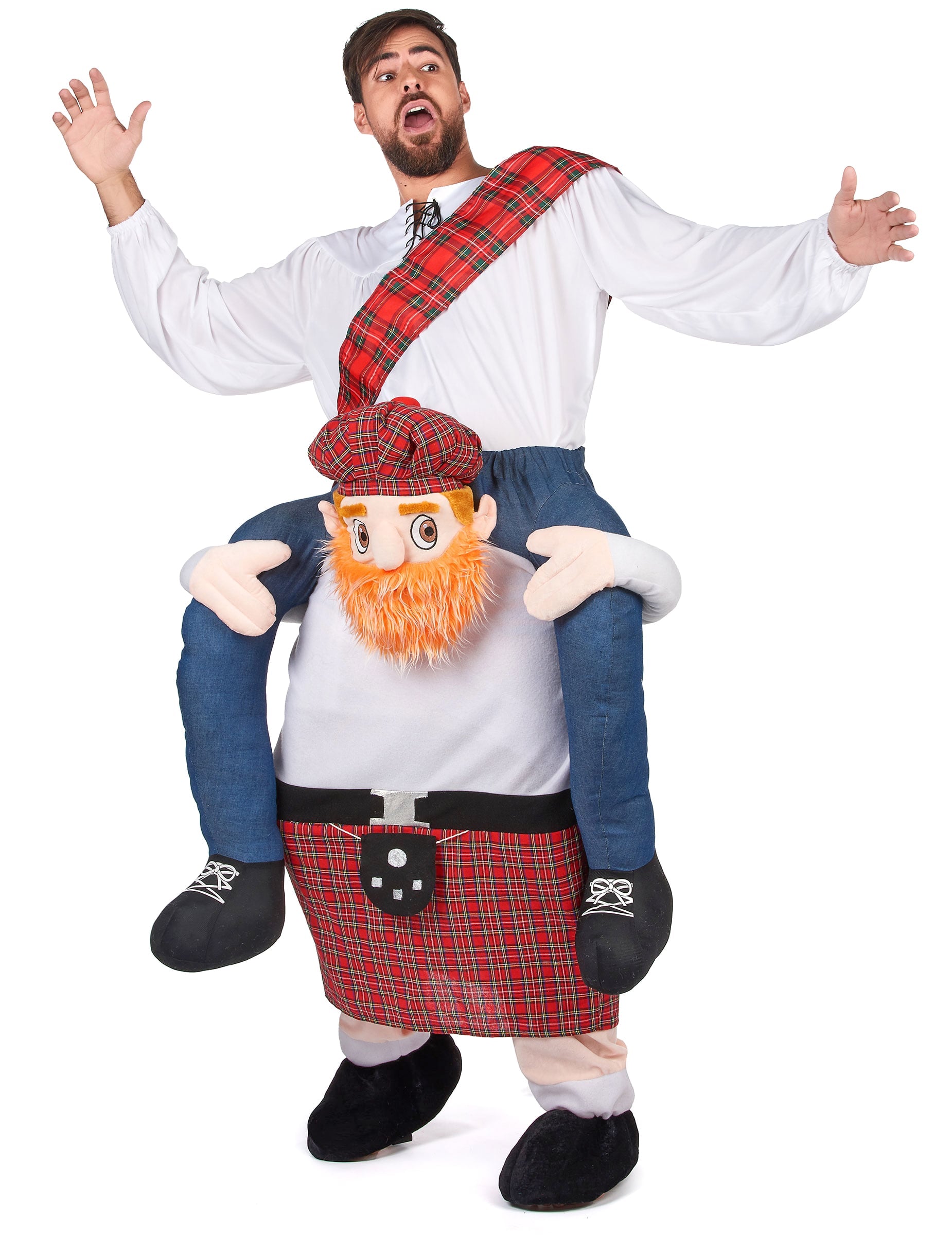 Déguisement à dos d'écossais pour adulte avec kilt rouge à carreaux et chemise blanche