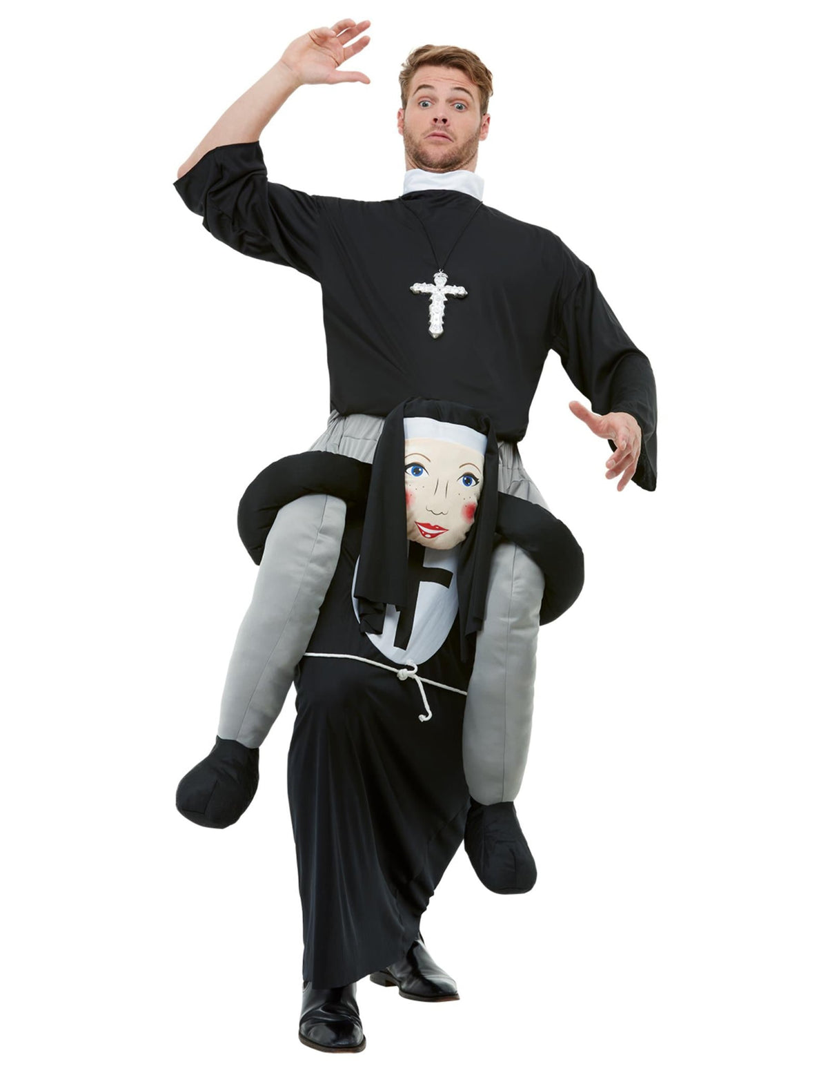 Vue de face du déguisement à dos de religieuse pour adulte