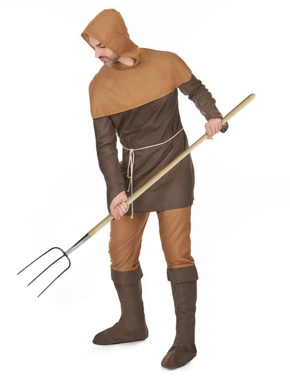 Vue de profil avec fourche du déguisement paysan médiéval pour homme