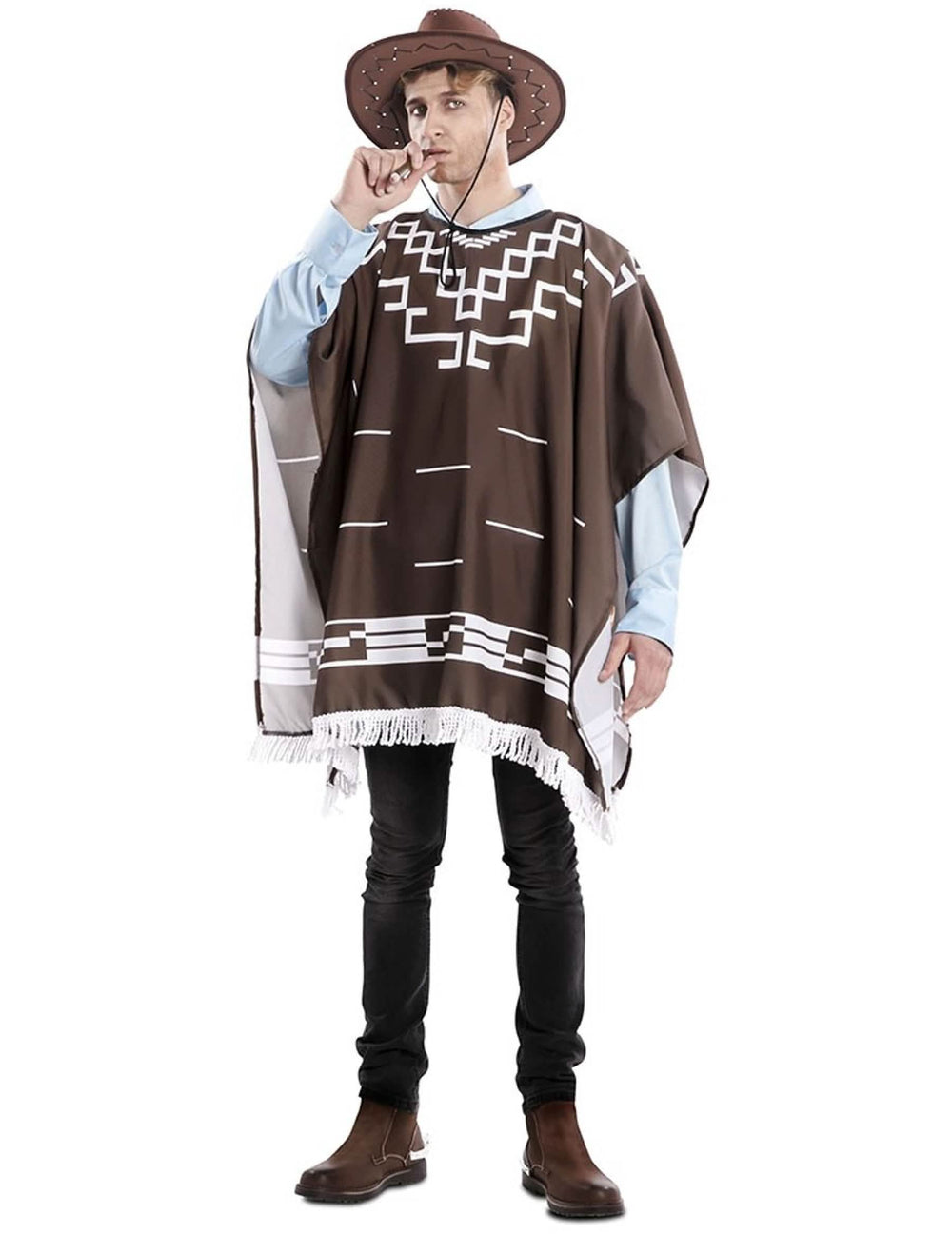 Costum de proscris pentru bărbat maro cu poncho cu motive albe și pălărie