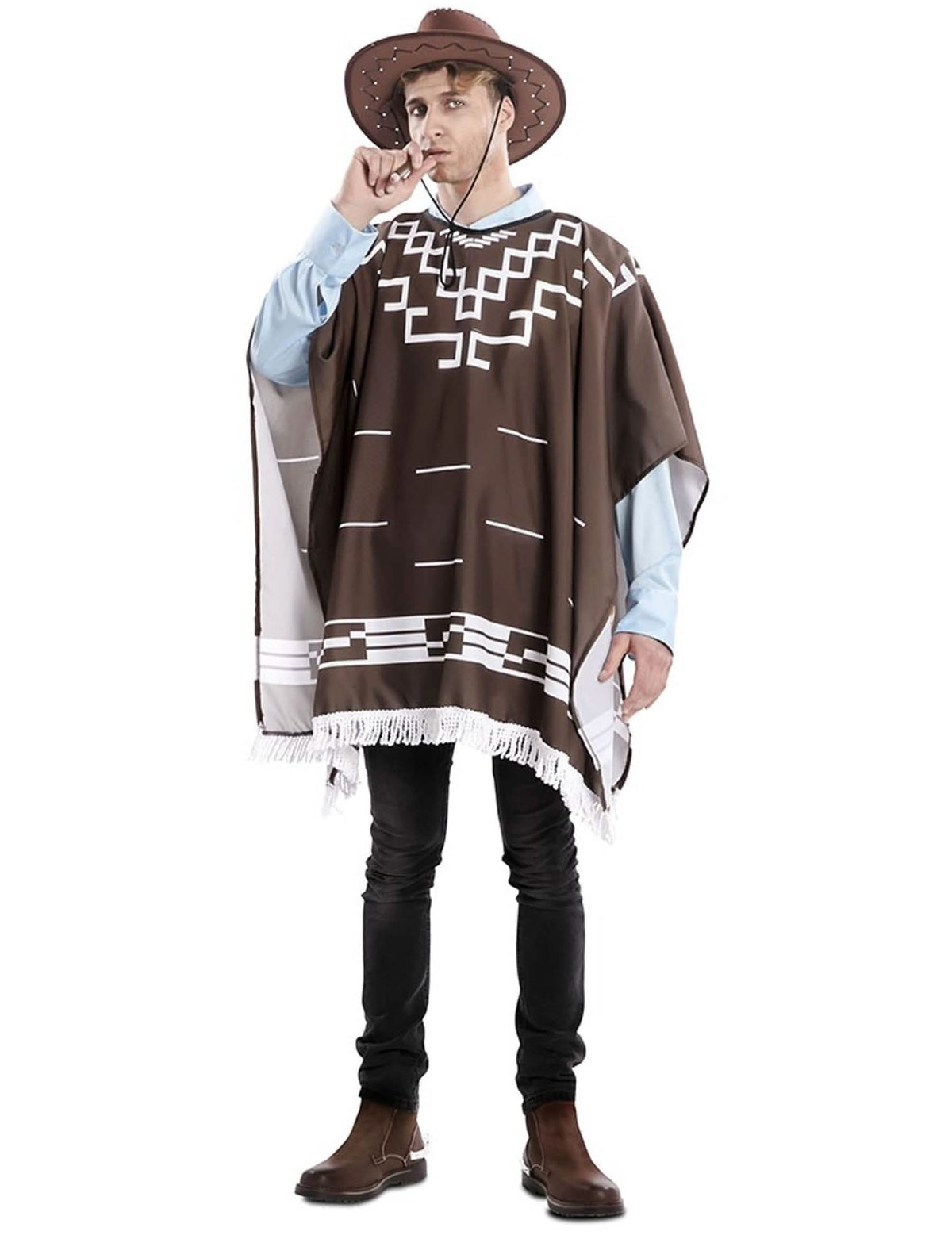Costum de proscris pentru bărbat maro cu poncho cu motive albe și pălărie